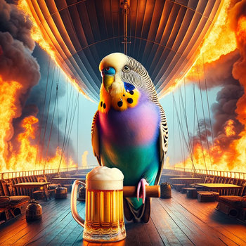 Budgie drinking beer on a burning zeppelin